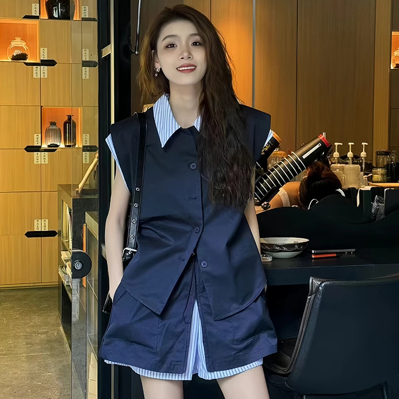 欧洲站春夏季休闲气质显瘦无袖小众条纹拼接时尚百搭短袖裙裤套装