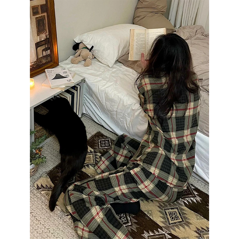 少女复古格纹长袖睡衣女秋冬2025新款长袖家居服休闲长裤大码套装