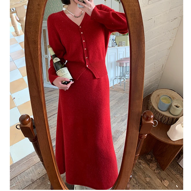 QC李潇洒微胖大码v领针织上衣高腰半身裙慵懒显瘦两件套装女