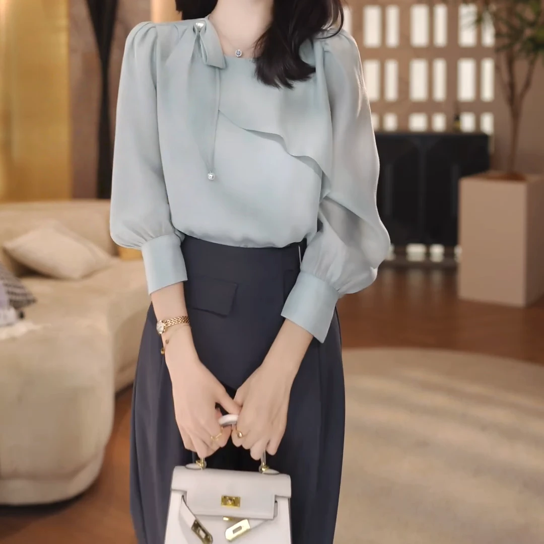 缎珀新款气质百搭显瘦遮肉蓝色显白高级衬衫C5982