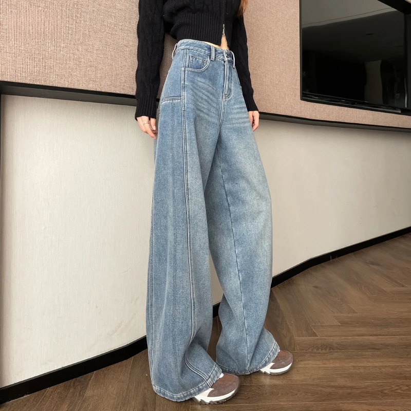 香蕉牛仔裤女浅蓝色秋冬新款加绒加厚复古水洗做旧高腰宽松阔腿裤