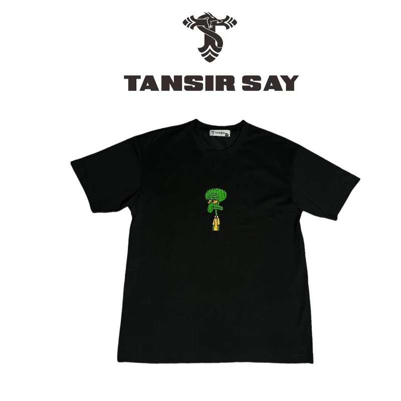 设计师品牌卡通绣花春夏小众短袖t恤黑色宽松男士圆领轻奢