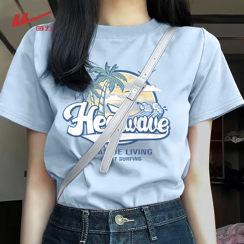 回力蓝色纯棉短袖t恤女夏季2025新款正肩宽松多巴胺休闲上衣百搭