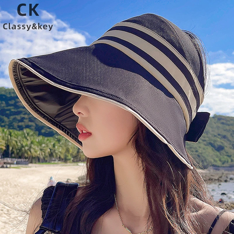 Classy key新加坡设计师联名款UV高倍防晒空顶帽夏条纹黑胶遮阳帽