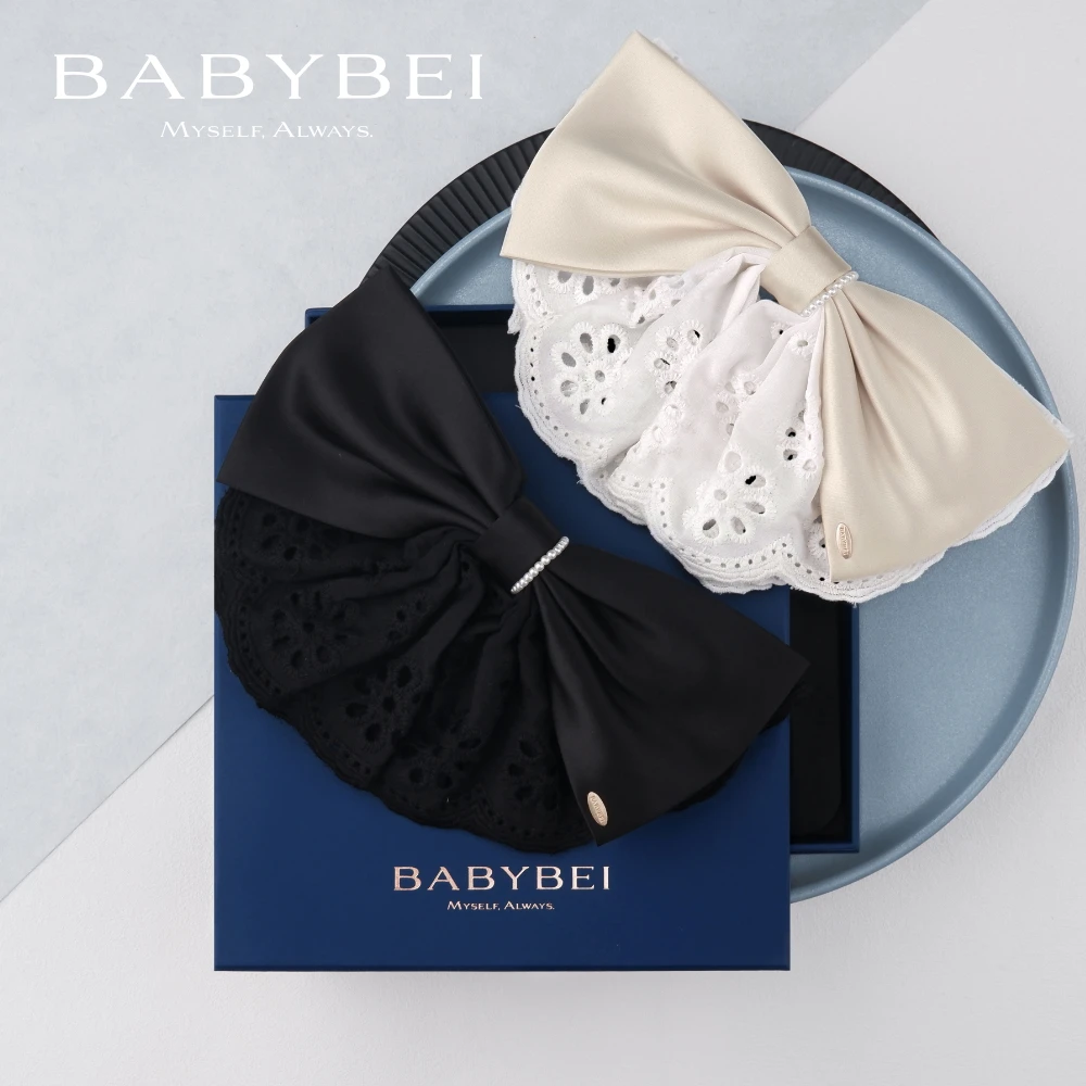 BABYBEI/初贝丝丝高亮珠大号弹簧夹气质甜美黑色米色蝴蝶结蕾丝