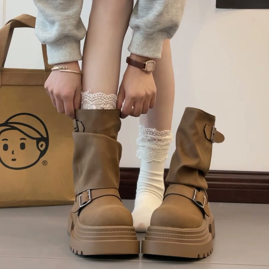 棕色美拉德马丁靴女2025新款春秋厚底增高裤管短筒英伦风堆堆靴子