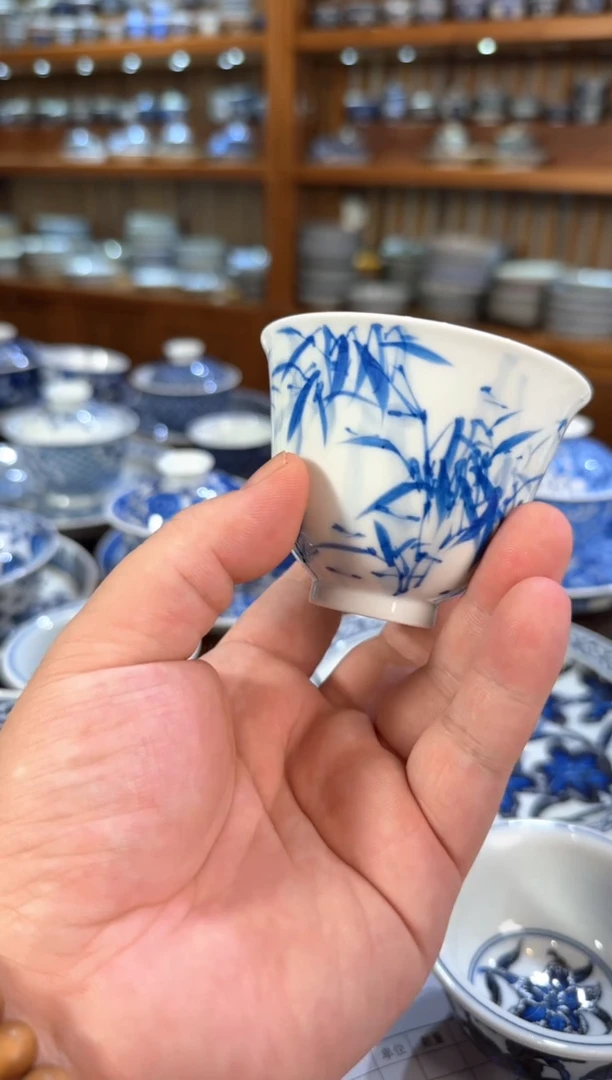青花竹影盖碗手工