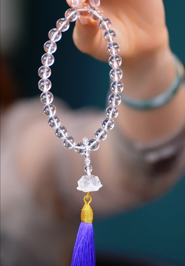 风玺新款莲生天然白水晶绕指柔国风流苏手持手链盘玩念珠