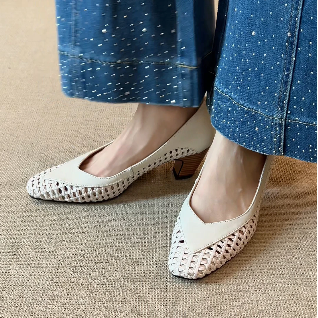 nnmiss·34-40/5.5cm法式优雅圆头编织镂空透气浅口粗跟通勤小单鞋