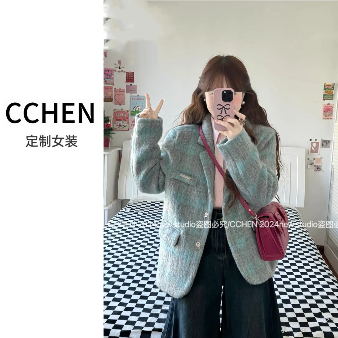 复古格子西装毛呢保暖外套女2024新款高级感宽松显瘦