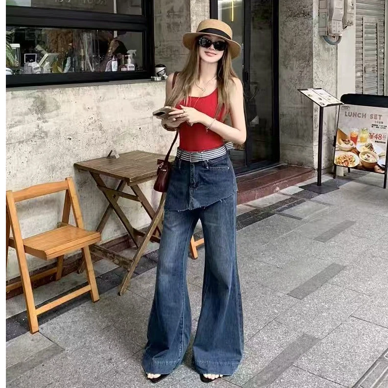 复古假两件拼接牛仔裤阔腿裤女夏季高腰显瘦微喇裤拖地裤