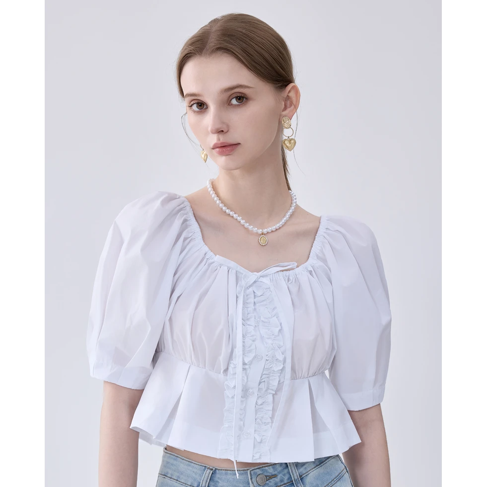 琳心丨夏季新款白色百搭休闲时尚木耳边飘带泡泡袖衬衫 0009