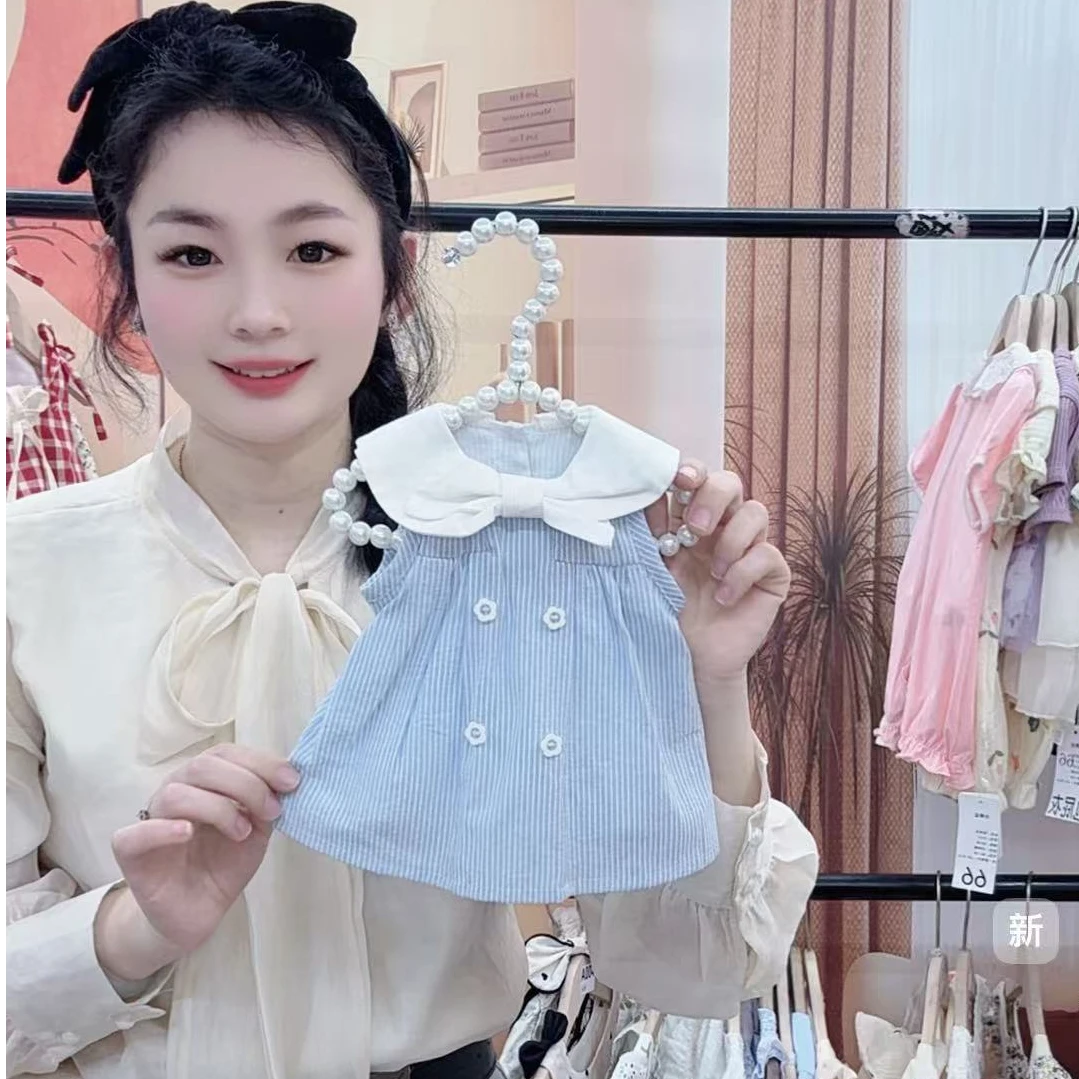 新款夏季海军学院风蓝色蝴蝶结娃娃领时尚韩版翻领洋气女童