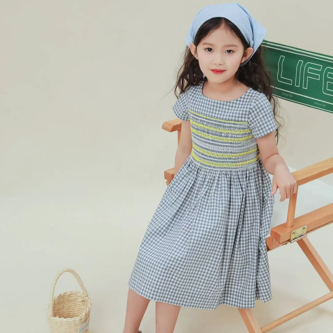 法单女童新款打揽全棉百搭连衣裙法单蓝格司马克打揽短袖百褶裙