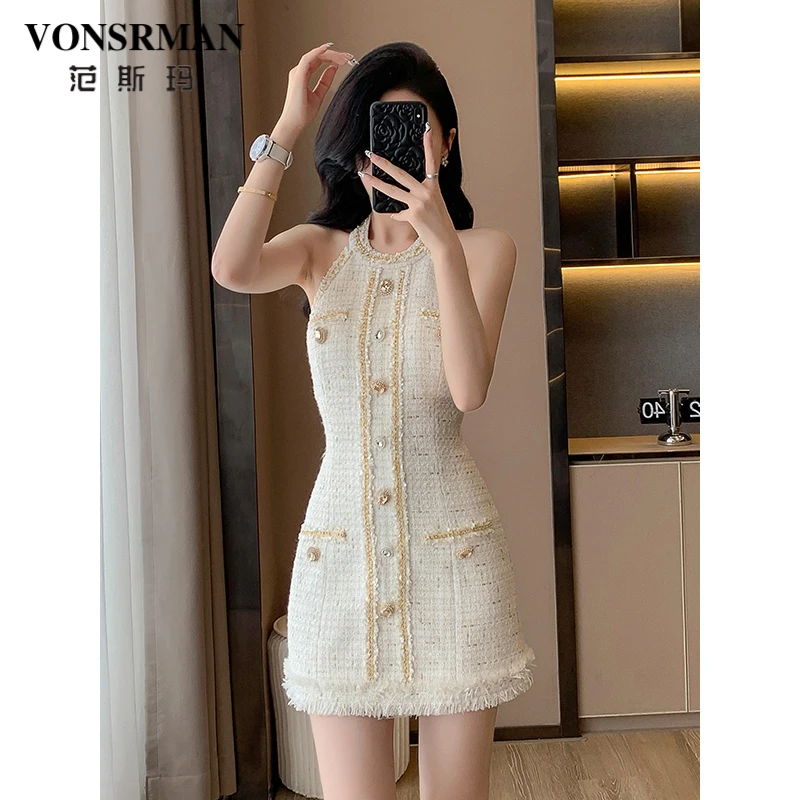 小香风挂脖连衣裙女夏季新款轻奢名媛气质流苏拼接收腰显瘦包臀裙