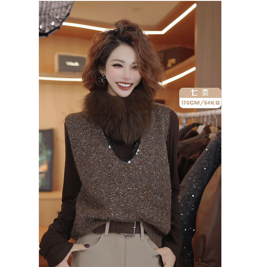 七奈 「闪动」韩系复古百搭亮片针织合身马甲QN13555