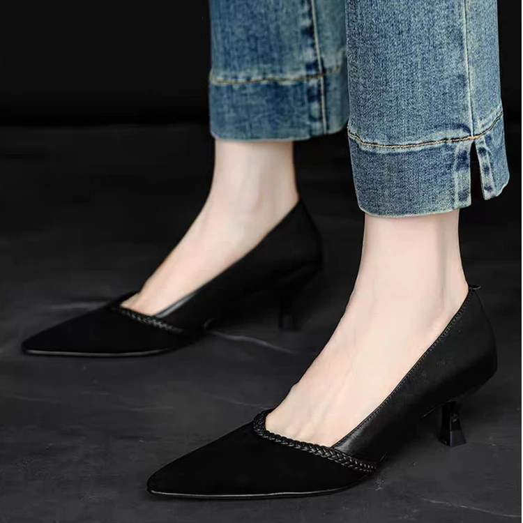 【断码清仓】羊皮版高跟鞋女百搭猫跟单鞋女新款复古简约黑色工作鞋