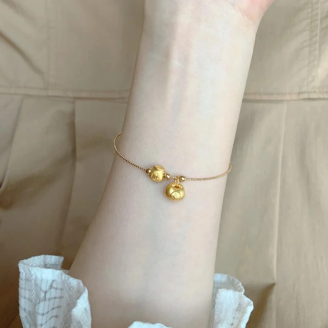 铜合金手镯 中式复古金色小胖福手镯女新款福袋串珠精致百搭手环