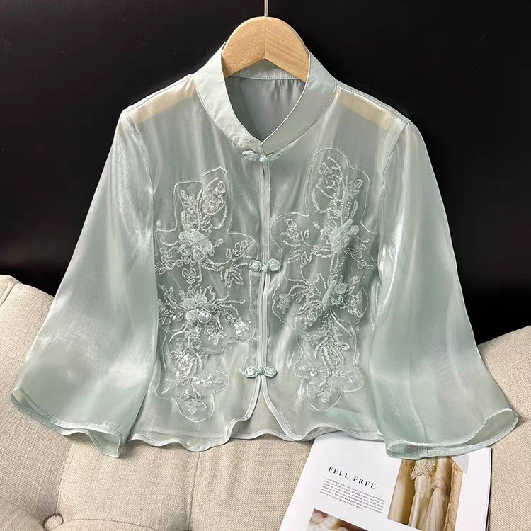 新中式欧根纱2025夏季江南风穿搭重工钉钻刺绣国风盘扣衬衫