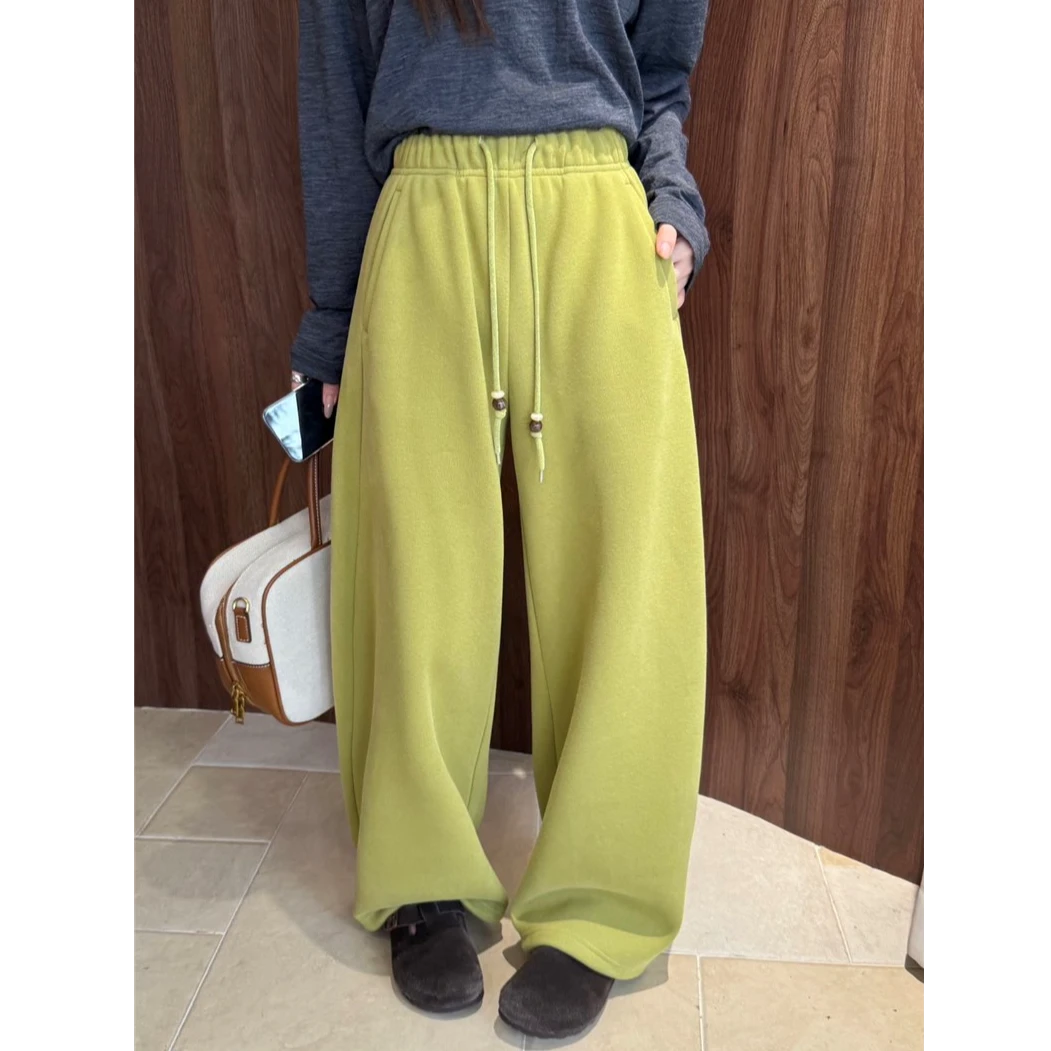 韩国加绒加厚卫裤女2025秋冬高腰阔腿运动裤韩版时尚两穿休闲裤子