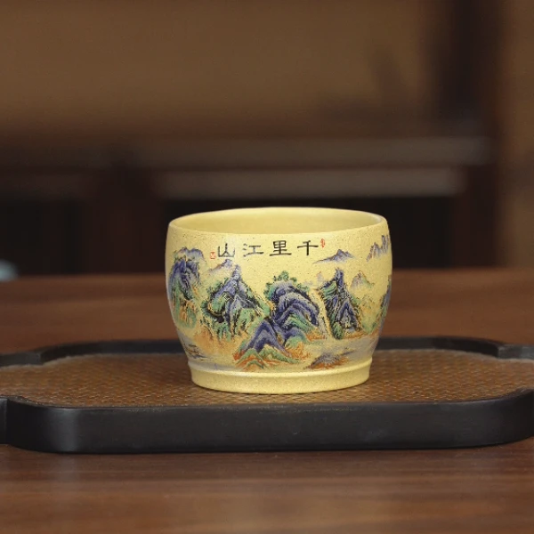 6155宜兴原矿紫砂茶具本山绿泥手工彩绘千里江山主人杯YY150ml