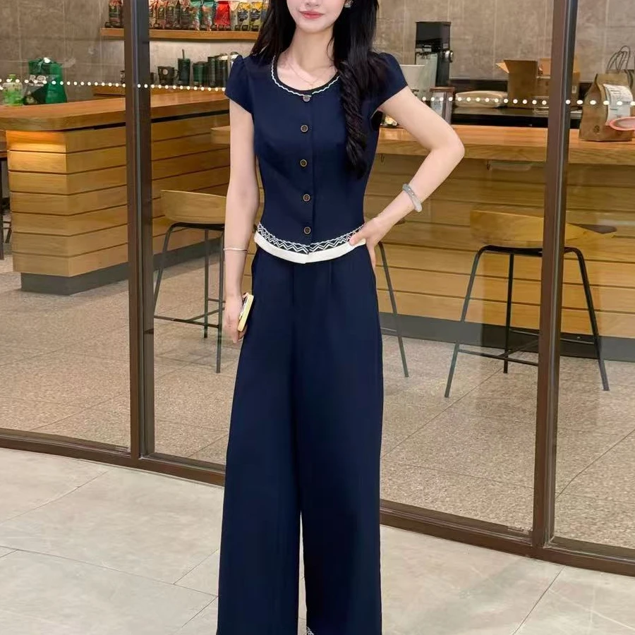 休闲套装2025女夏季新款短袖衬衫上衣阔腿裤高级感网红时尚两件套