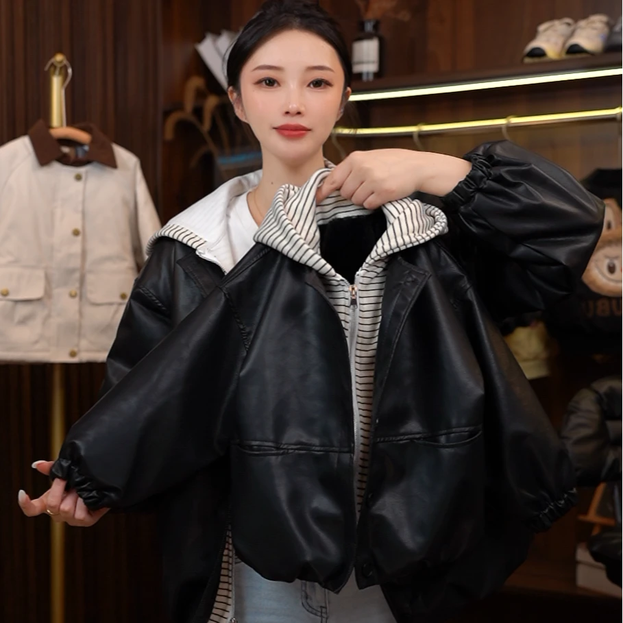 【缝纫机专属】2025新款加绒男女童秋季新款条纹假两件皮衣洋气外套