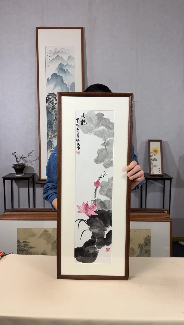 国画手绘*荷花*28*72cm实木框