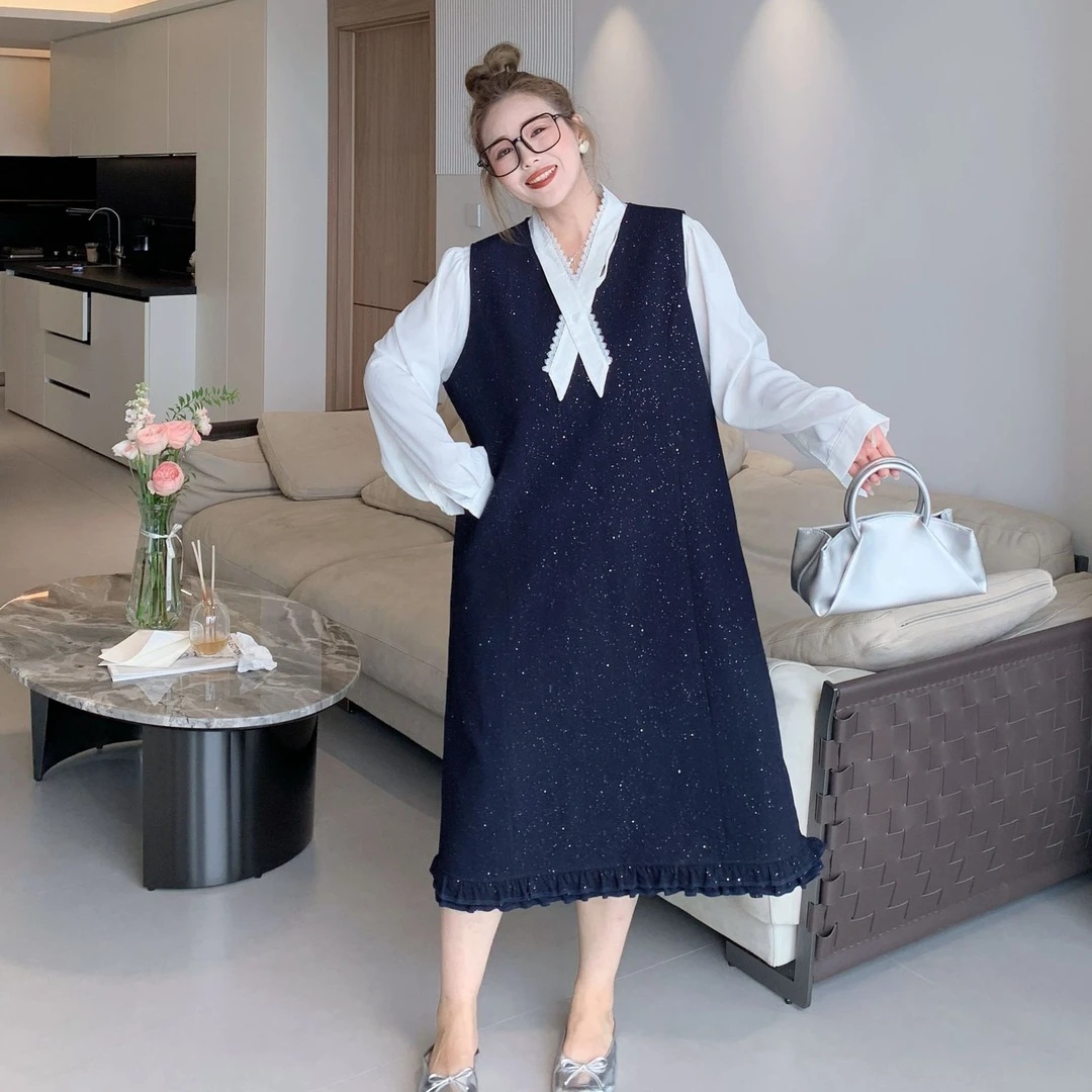 媛子大码法式小香风时髦套装洋气韩版显瘦气质时尚减龄衬衫两件套