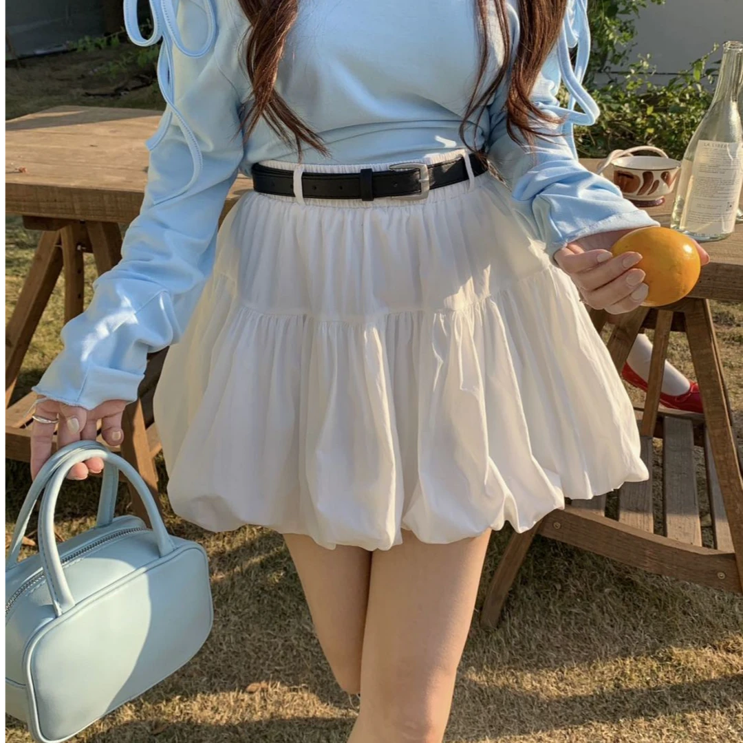 配腰带2025春夏新款短裙小众高腰松紧小个子花苞裙通勤显瘦半身裙