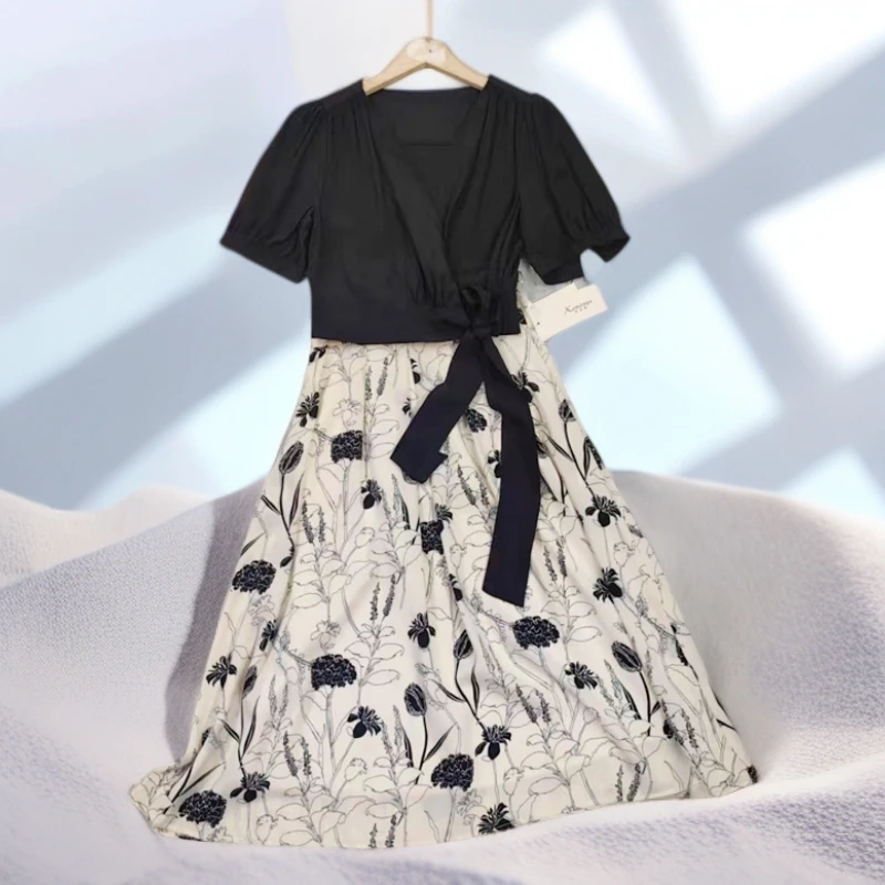 黑色短袖碎花半裙套装裙女夏