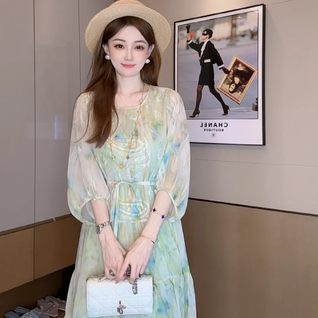 【丝芙玉禄】（S343）100%真丝双绉创意印花洋气宽松桑蚕丝女装连衣裙