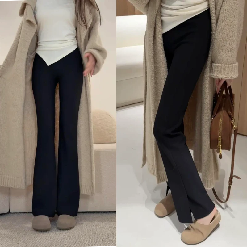 春夏微胖mm大码万向弹微喇裤显瘦显腿长开叉裤子开叉小黑裤喇叭裤