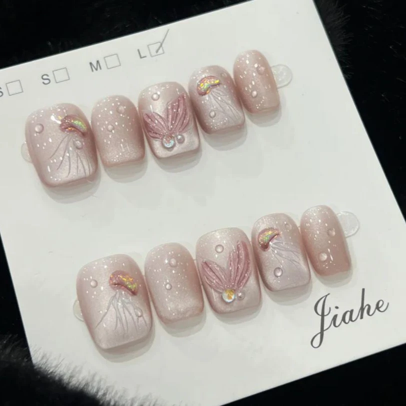 半手工穿戴甲水母小鱼儿鲛珠猫眼带钻爆闪高级感可拆卸美甲穿戴甲