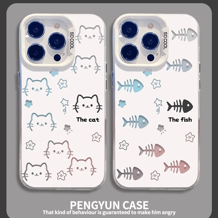 简约猫咪鱼骨情侣适用苹果16手机壳新华为vivo潮酷小米15趣味OPPO