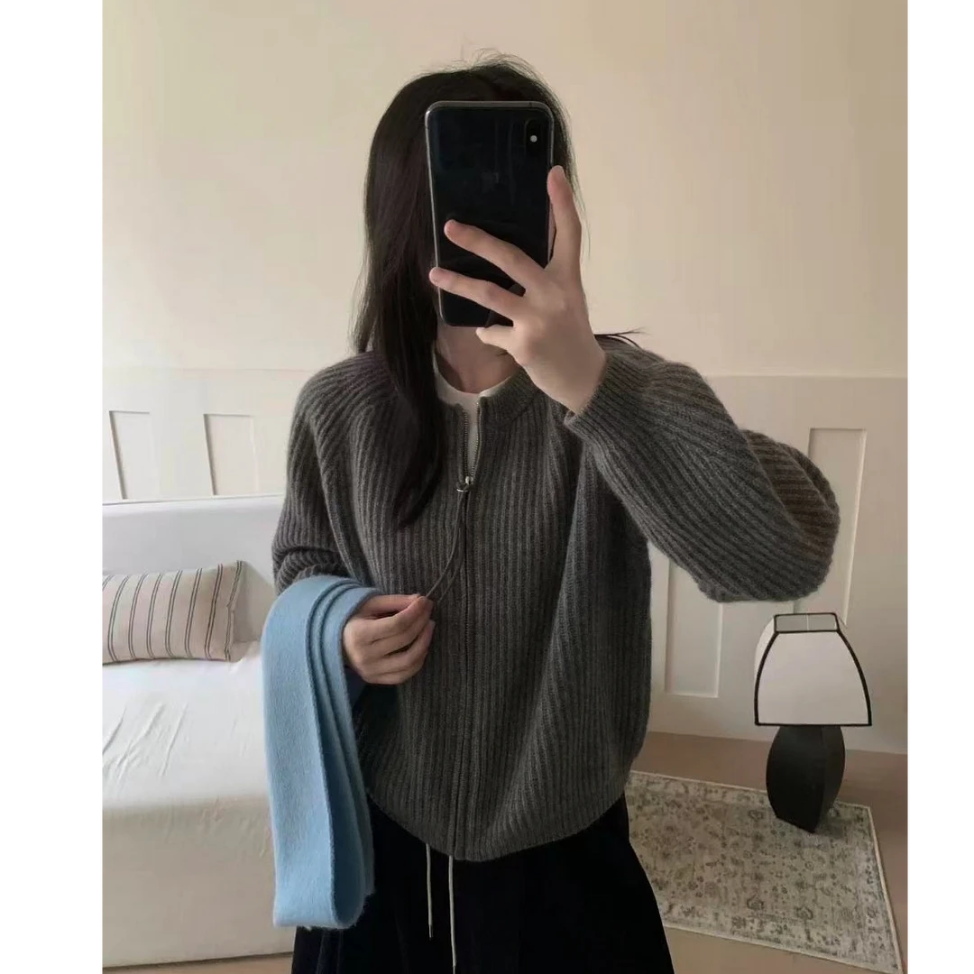 【双头拉链】深灰色法式气质开衫宽松慵懒风长袖显瘦百搭针织衫女