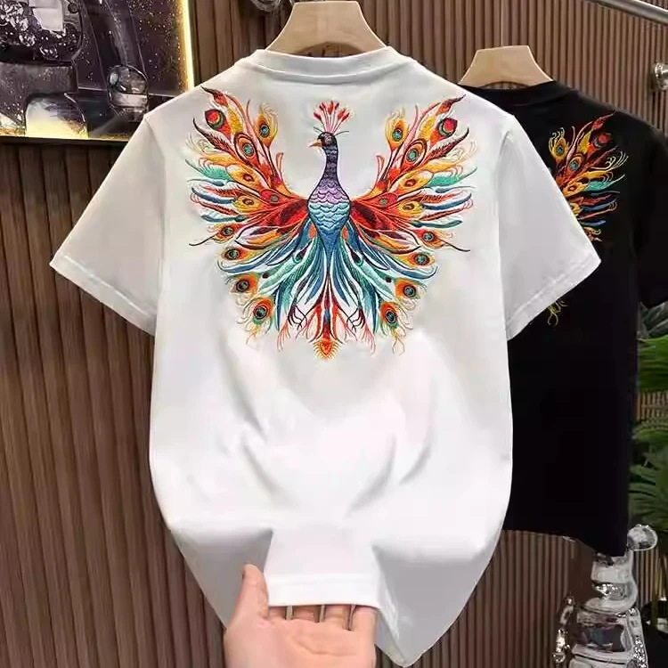 夏季圆领潮流t恤孔雀开屏国潮刺绣休闲宽松2025年新款短袖男女款