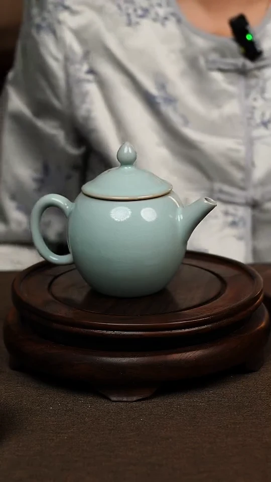 瓷片天青色手工官帽壶280ml 微瑕 不带礼盒