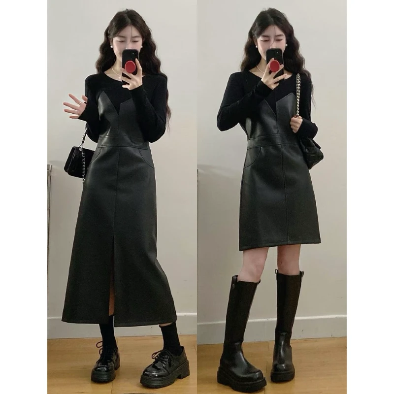 大码女装2025春季胖mm新款收腰显瘦拼接PU皮假两件连衣裙小黑裙