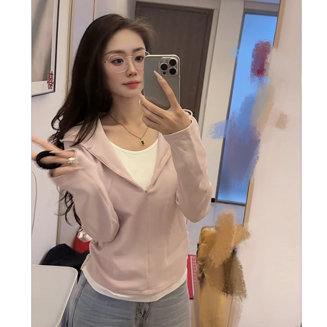 海军领德绒假两件撞色拉链连帽卫衣女秋冬修身掐腰显瘦长袖