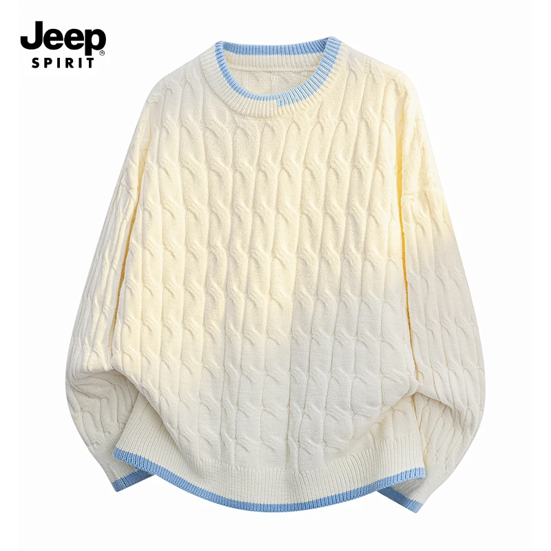 JEEPSPIRIT吉普潮流圆领慵懒风毛衣男款休闲扭花加厚假两件针织衫