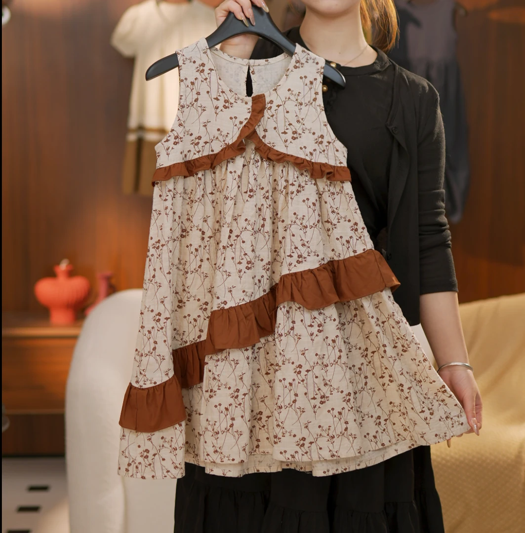 【MM】2025儿童碎花无袖连衣裙宽松女宝宝森系洋气撞色