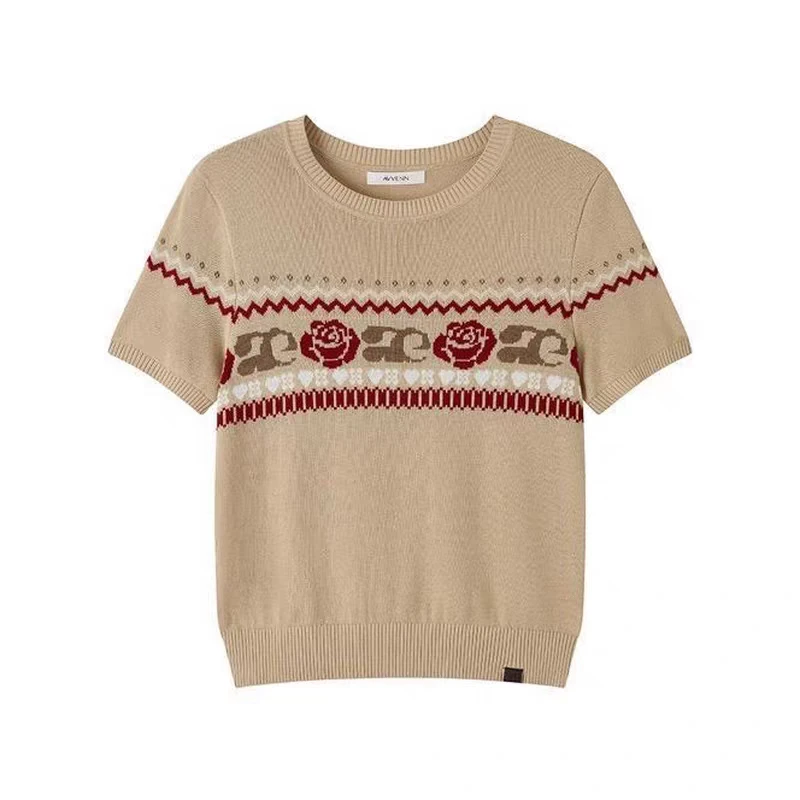 AVVENN 提花圆领针织衫女25PF秋季新款费尔岛短袖毛衣上衣