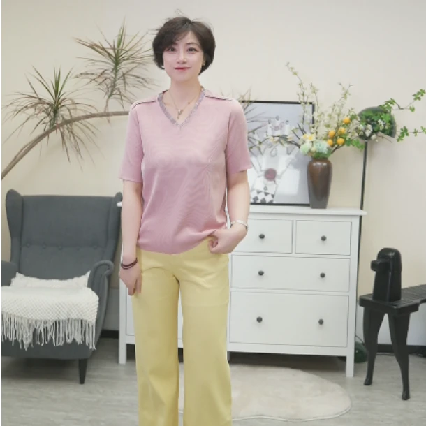 【U.M】流金岁月天丝亮钻V铃针织短袖