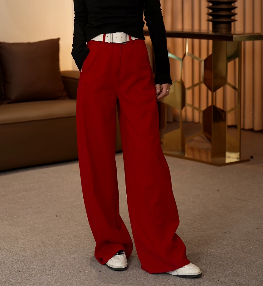 【礼礼李】 2025 春夏新款 垂感 纯色宽松阔腿高腰长裤3011送腰带