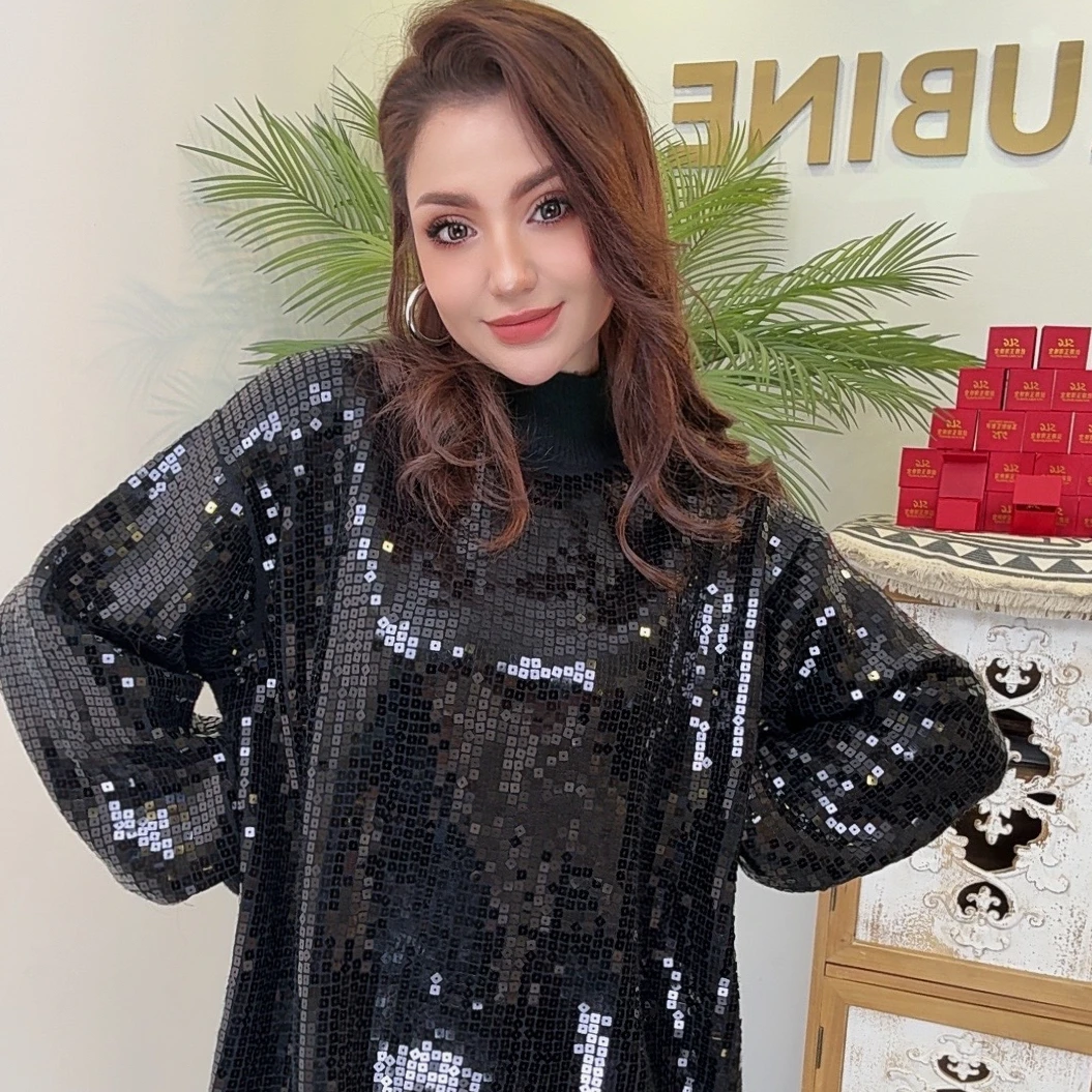 MUBINE 爆款洋气重工宽松百搭亮片针织毛衣裙 24265（特价）