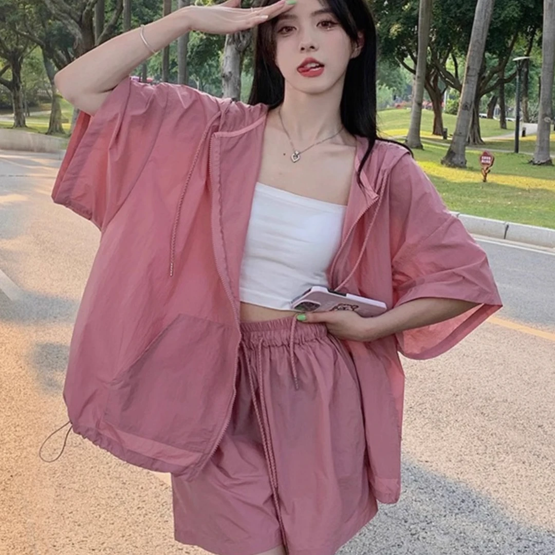 特大码300斤休闲纯色运动套装男女装夏季连帽短袖短裤防晒两件套