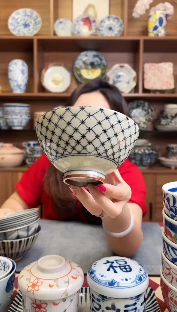 瓷片古染十字格子12.5cm中饭碗