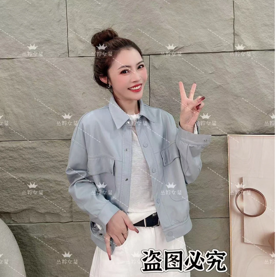 玲玲推荐2025春季新款时尚休闲翻领宽松皮夹克外套