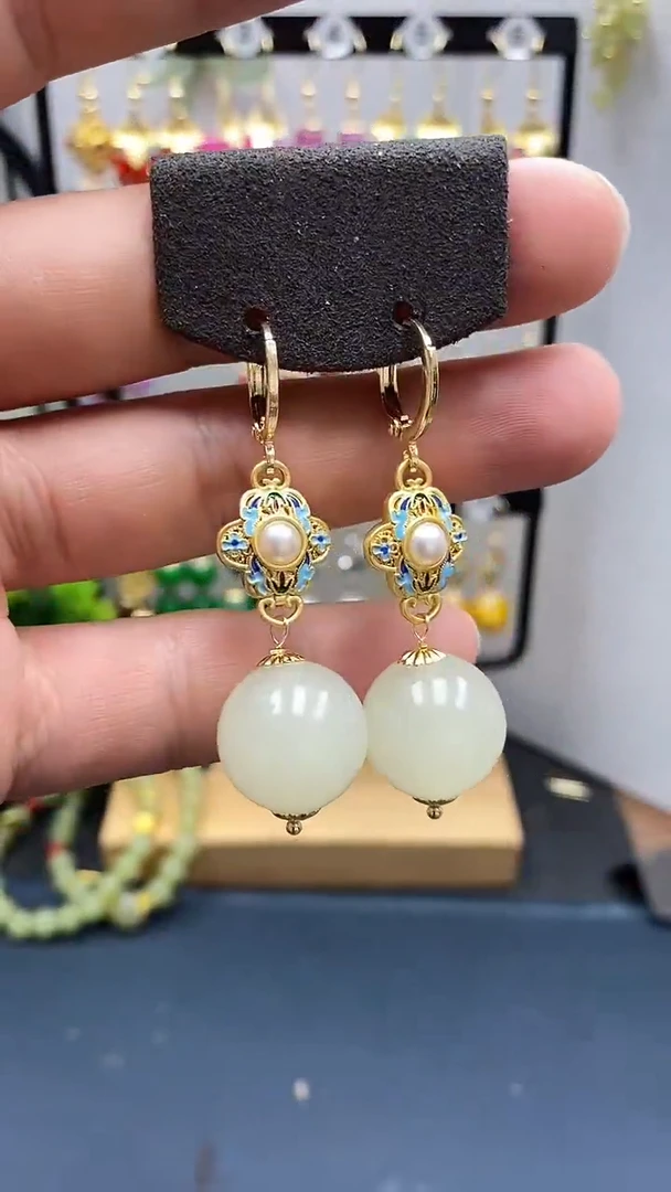 和田玉银S925镀金镶嵌耳饰尺寸16mm耳扣A3